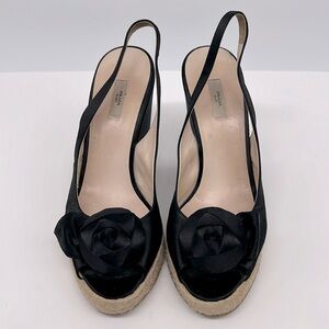Prada black satin espadrille with 5” heel.